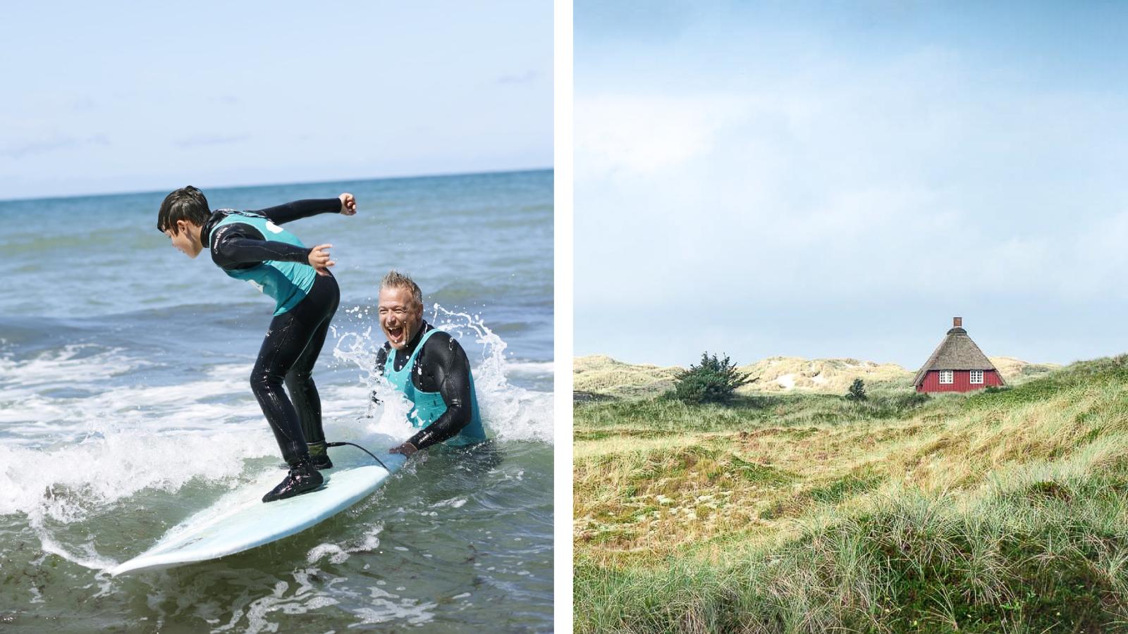 Dreng og mand som surfer og et feriehus ved vestkysten