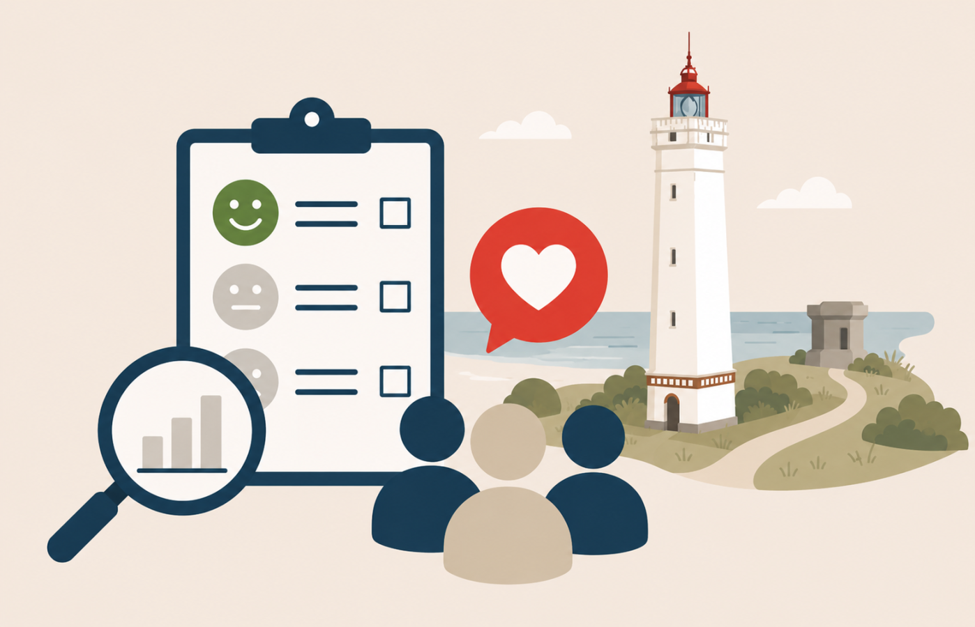 Illustration af borgeranalyse om turisme ved vestkysten med spørgeskema, mennesker og fyrtårn