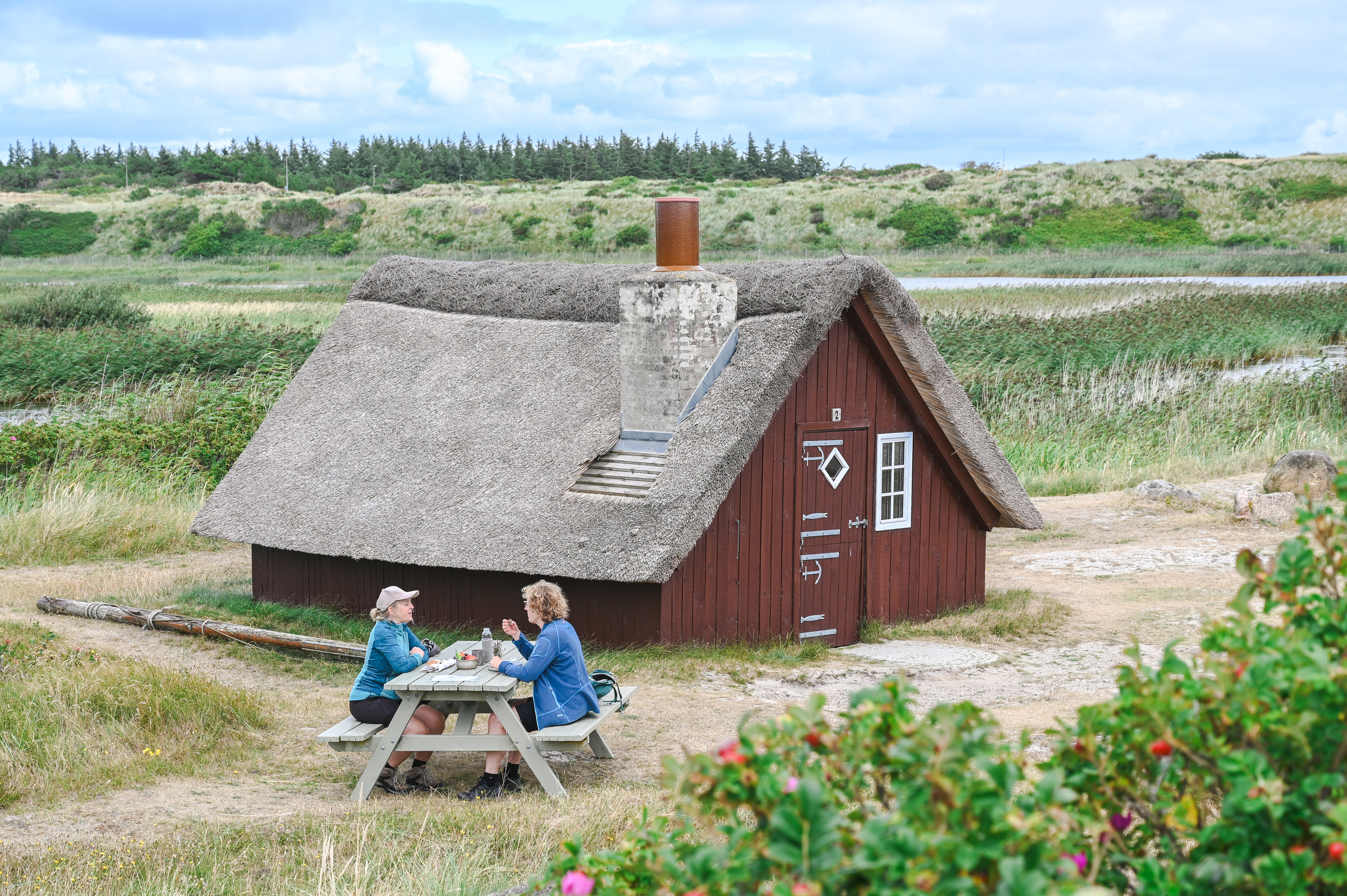 o personer sidder ved et picnicbord foran et lille rødt sommerhus